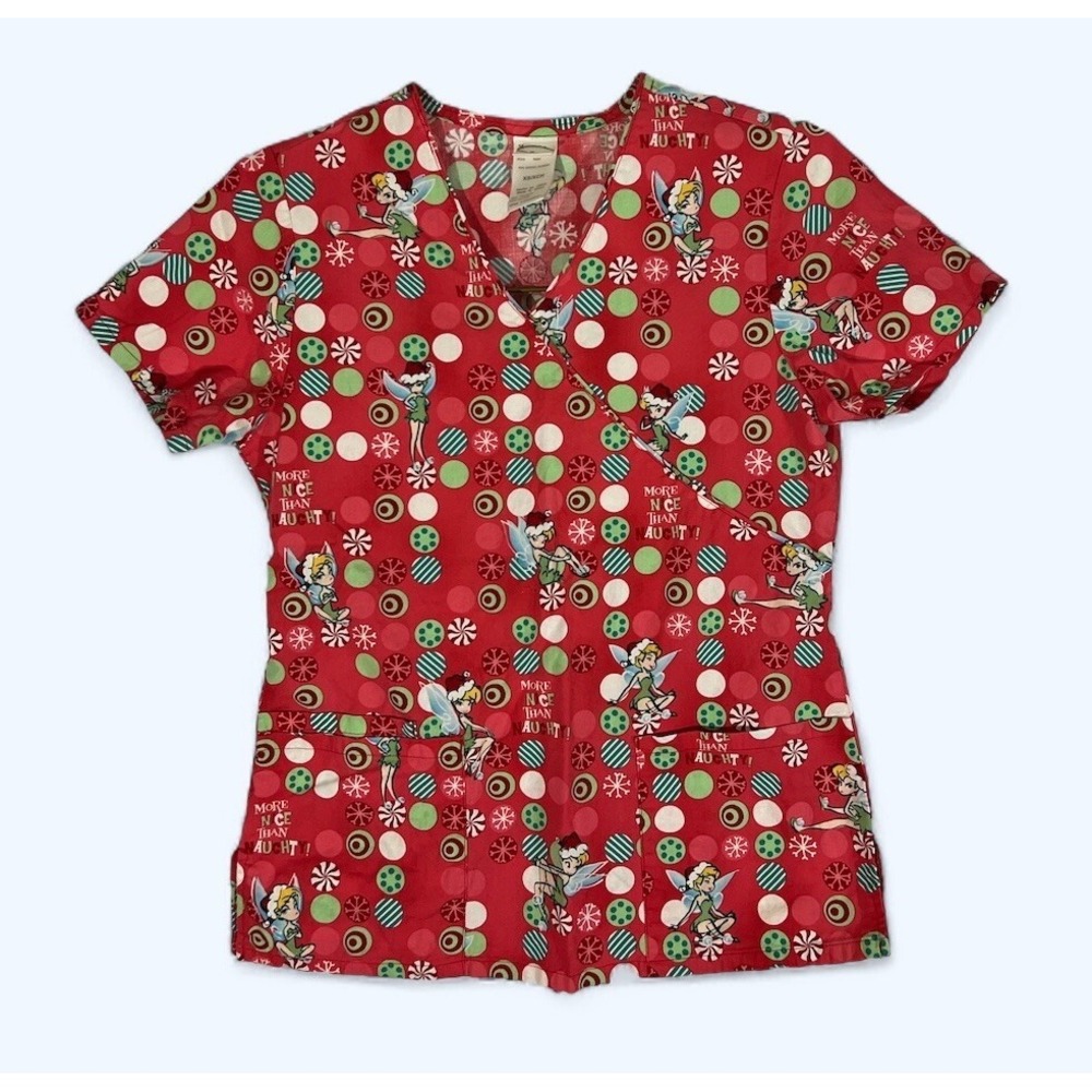 Disney Tinkerbell Holiday Christmas More Naughty Than Nice Scrub Top Womens XS